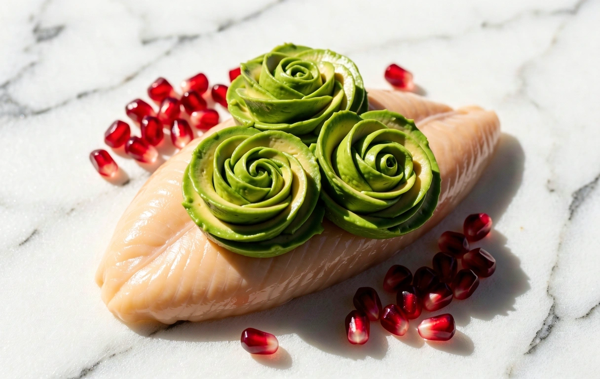 Präzise angerichtete gesunde Mahlzeit auf Marmor